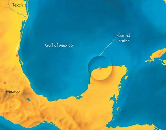 A cratera de Chicxulub, no norte do Yucatán, no México. Este impacto teria sido a principal causa da extinção dos dinossauros